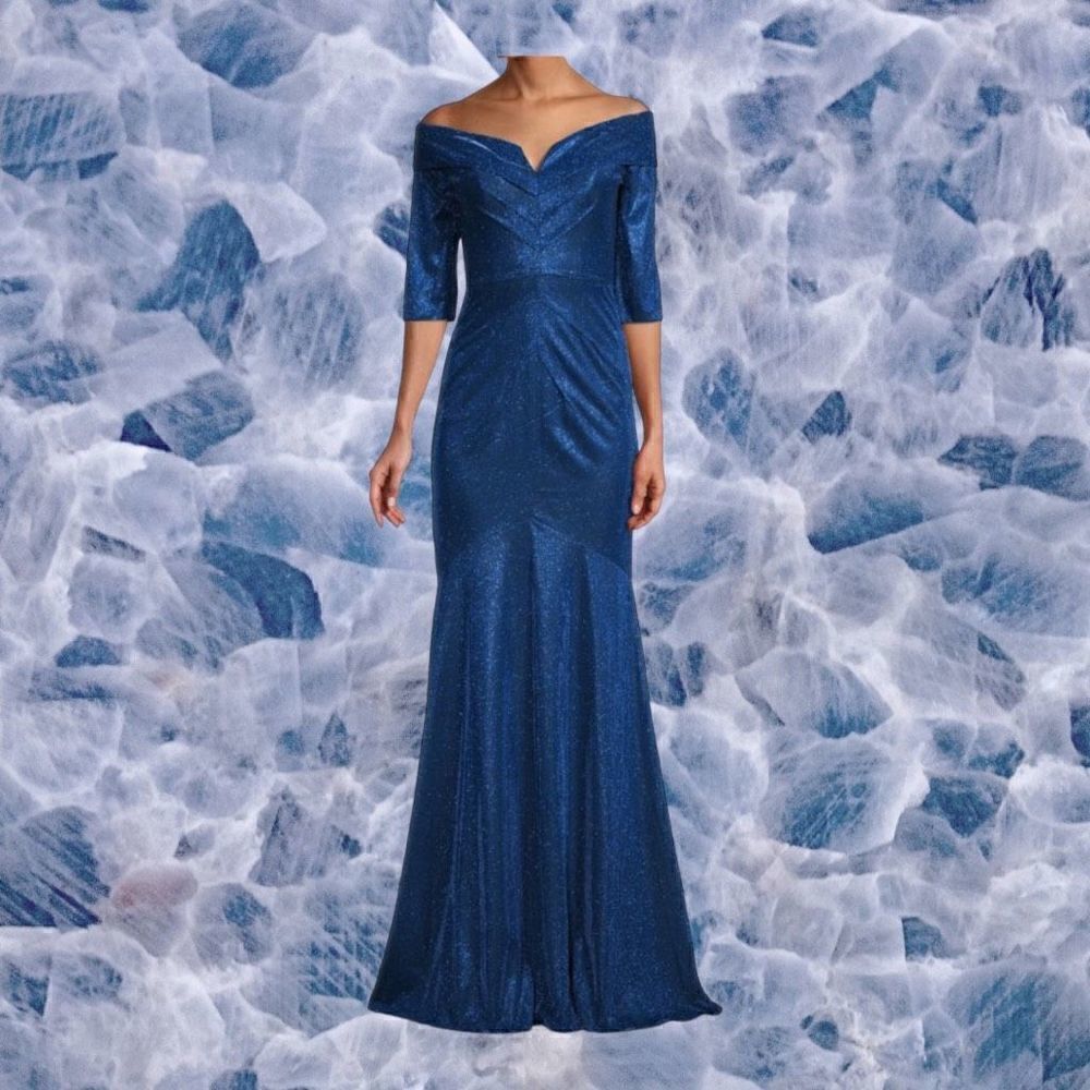 Rene Ruiz Metallic Blue Off the Shoulder Gown Size 10